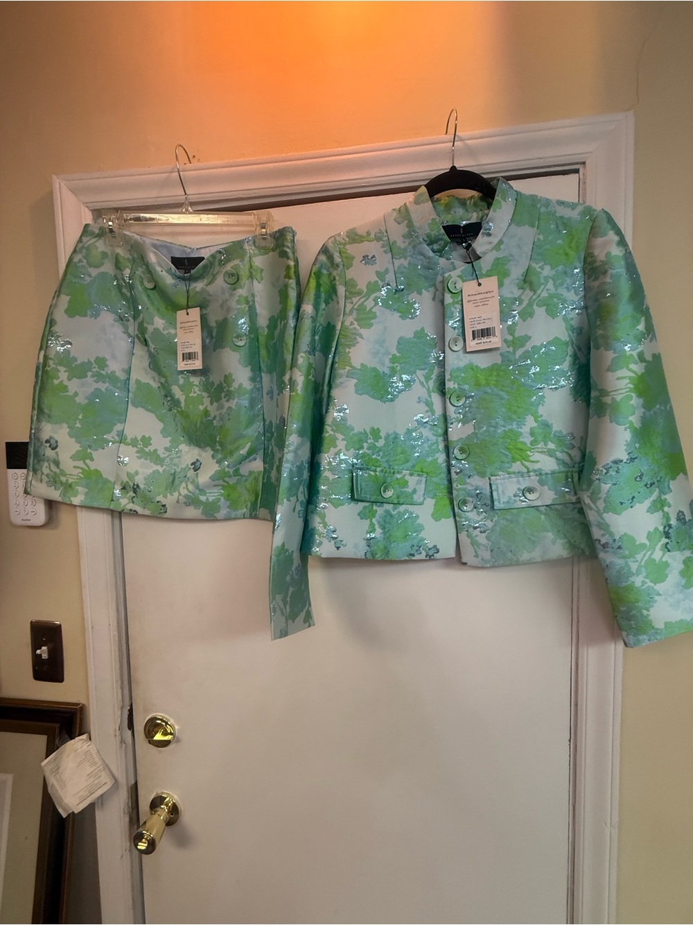 Girls Mint & Light Green Floral Sequin Blazer and Skirt Set